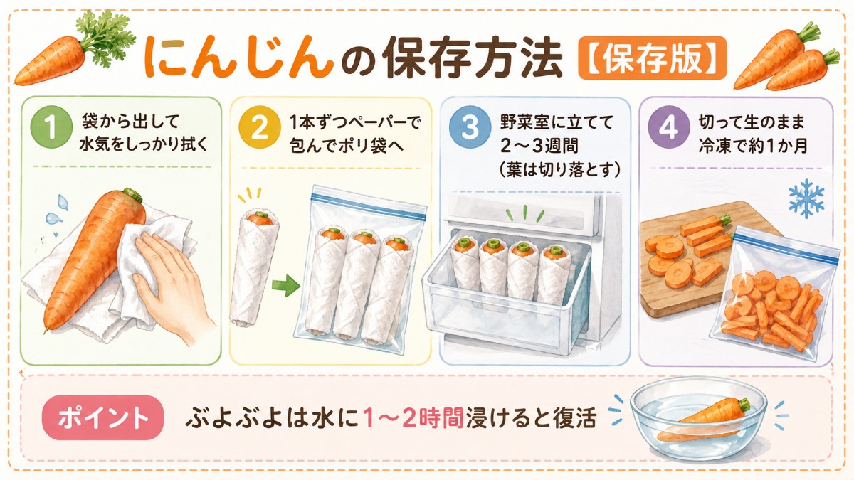 にんじんの保存方法レシピカード（水気を拭く・ペーパーで包む・立てて保存・冷凍のまとめ）