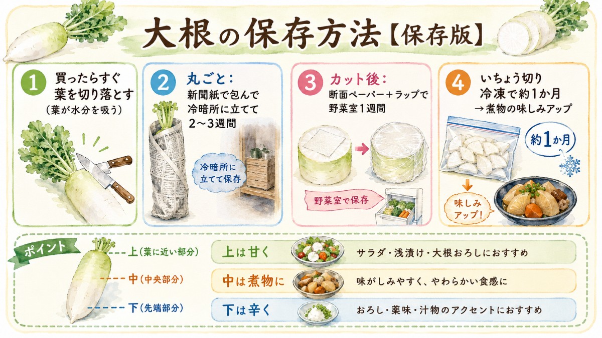 大根の保存方法レシピカード（葉を切る・新聞紙で立てる・冷凍で味しみのまとめ）