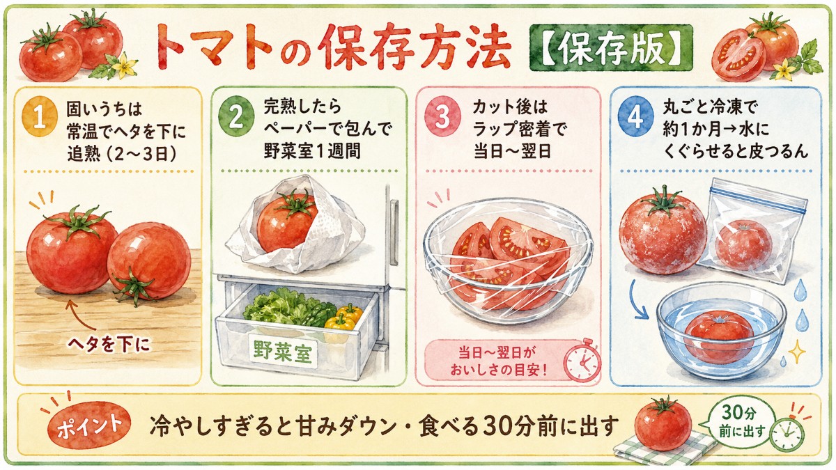 トマトの保存方法レシピカード（常温追熟・野菜室1週間・丸ごと冷凍のまとめ）