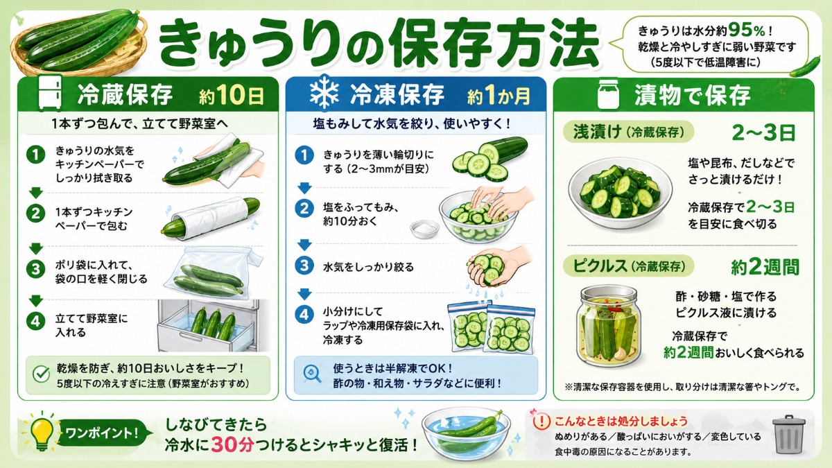 きゅうりの保存方法レシピカード（ペーパー＋袋で立てて野菜室10日・塩もみ冷凍・漬物のまとめ）