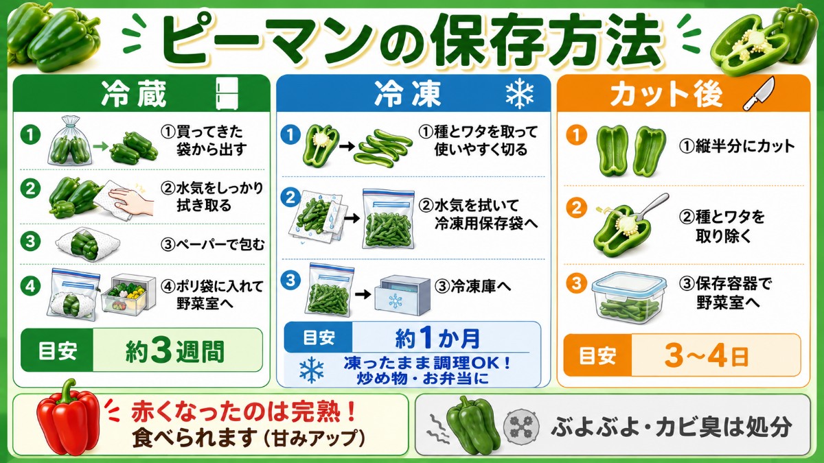 ピーマンの保存方法レシピカード（水気を拭く・野菜室3週間・切って冷凍1か月のまとめ）