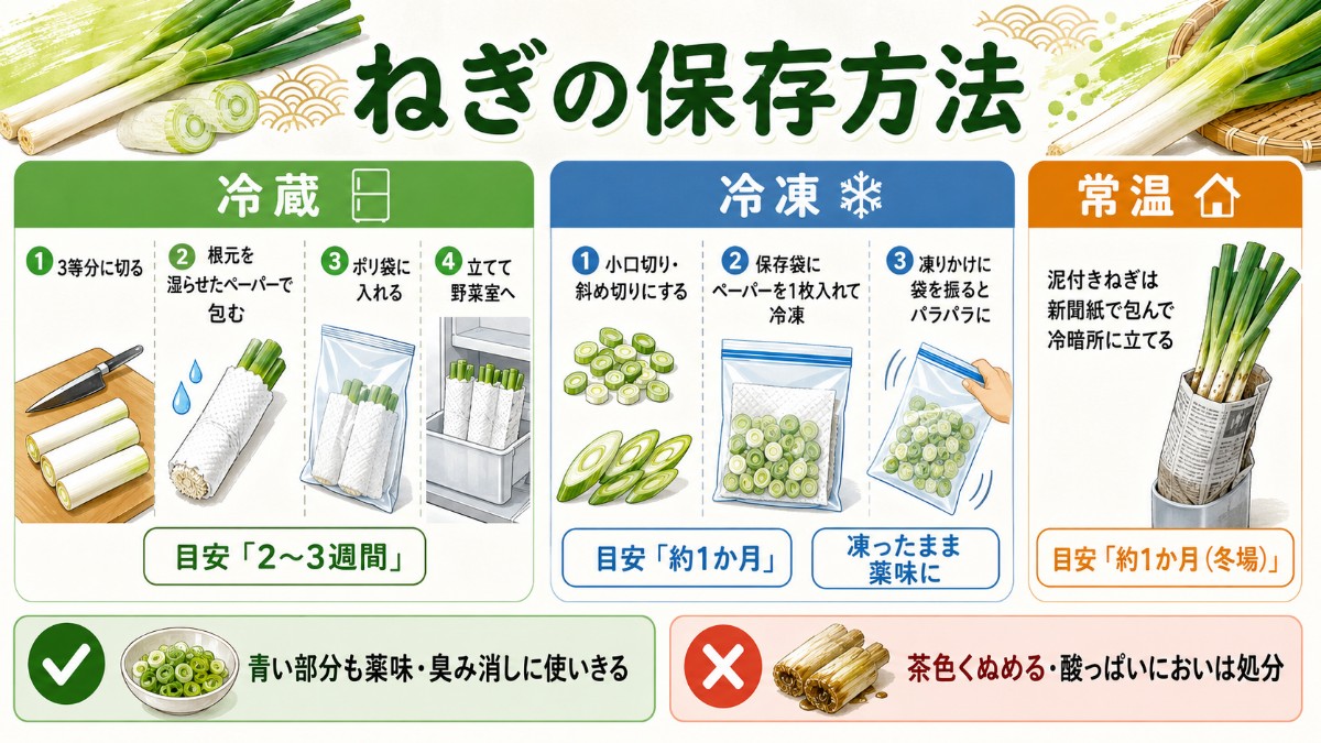 ねぎの保存方法レシピカード（3等分で立てる・パラパラ冷凍薬味・泥付き常温のまとめ）