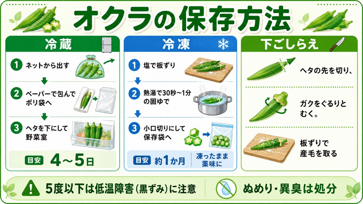 オクラの保存方法レシピカード（ネットから出して野菜室4〜5日・板ずり固ゆで冷凍・ガクの下ごしらえのまとめ）