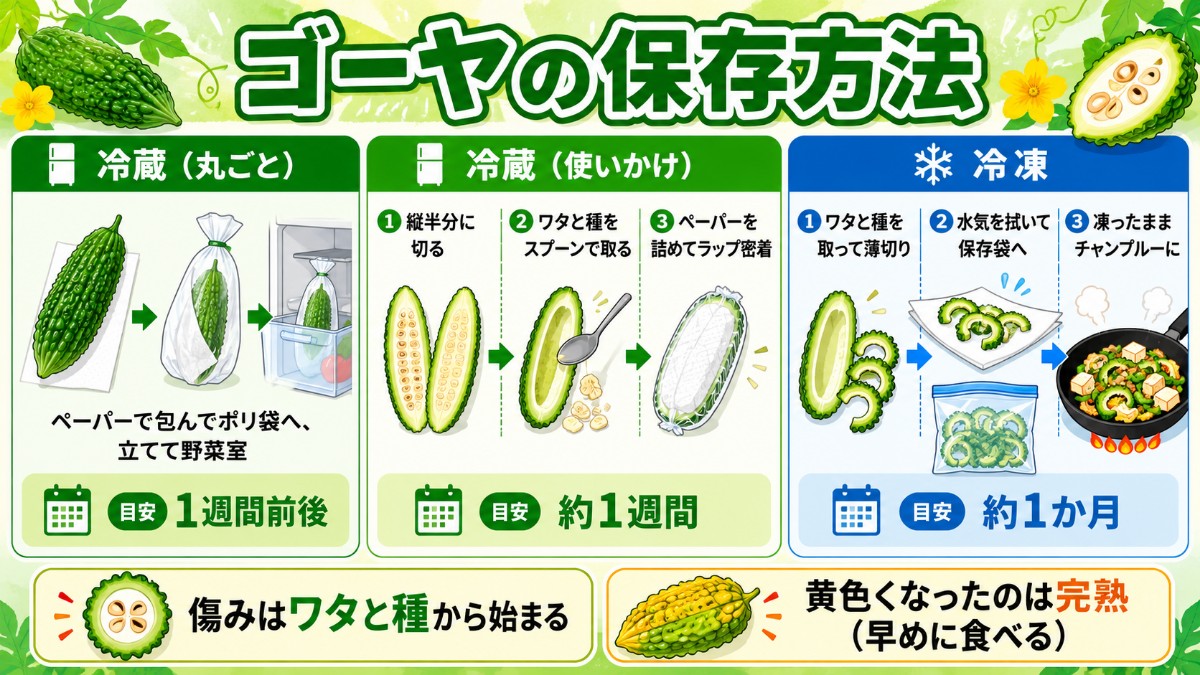ゴーヤの保存方法レシピカード（ワタと種を取る・ペーパー詰めで冷蔵1週間・薄切り冷凍のまとめ）