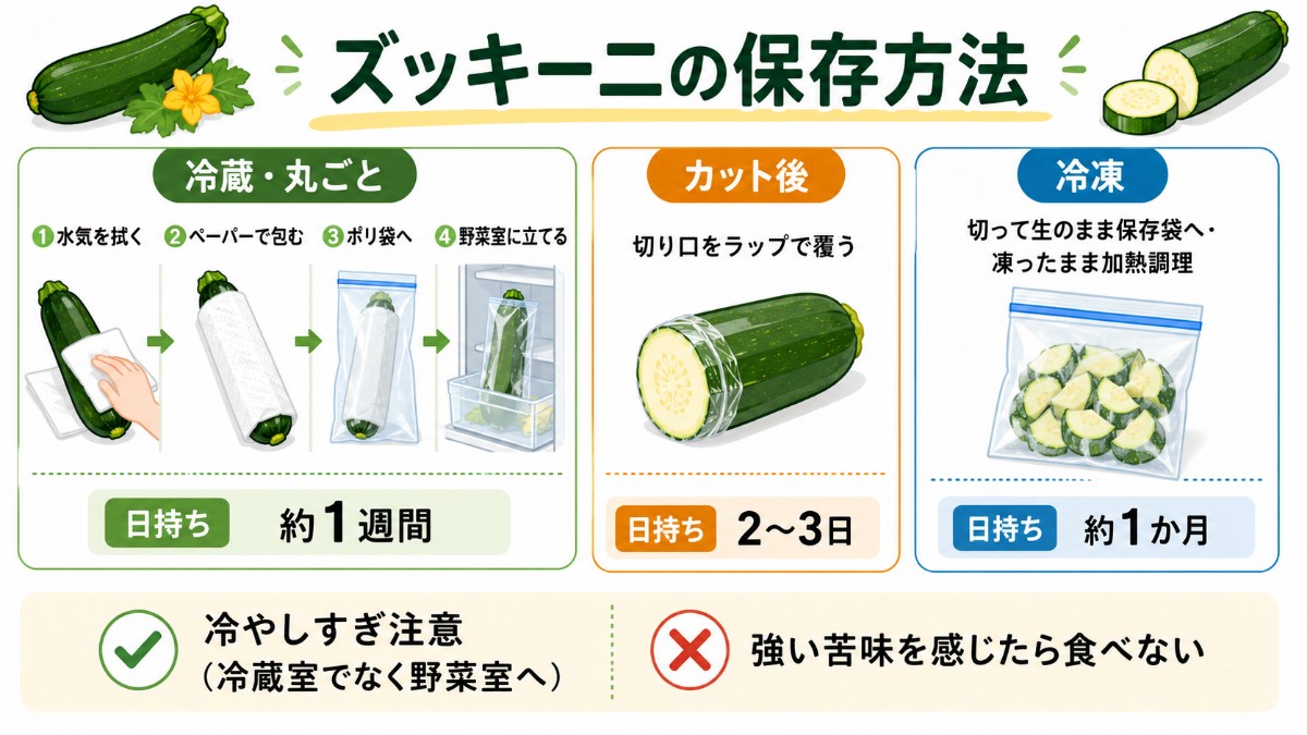 ズッキーニの保存方法レシピカード（ペーパーで包み野菜室1週間・切り口ラップ・生のまま冷凍1か月のまとめ）