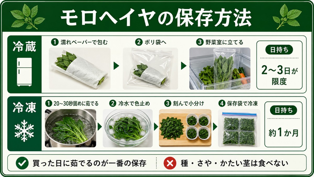 モロヘイヤの保存方法レシピカード（濡れペーパーで立てて2〜3日・固茹でして刻んで冷凍1か月のまとめ）