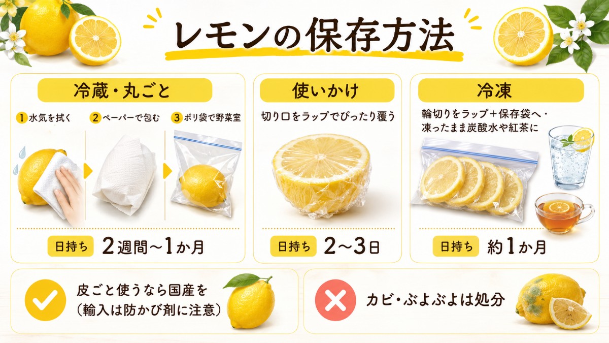 レモンの保存方法レシピカード（ペーパー＋袋で野菜室2週間〜1か月・輪切り冷凍のまとめ）