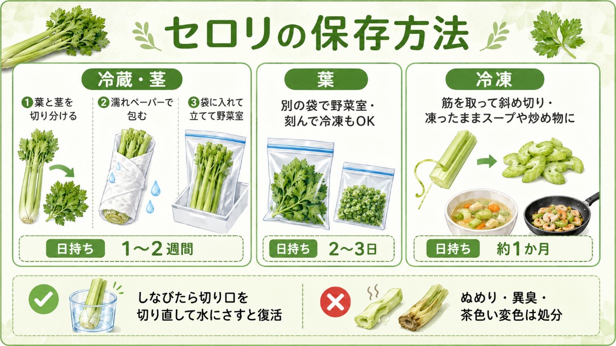 セロリの保存方法レシピカード（葉と茎を分ける・立てて野菜室1〜2週間・斜め切り冷凍のまとめ）