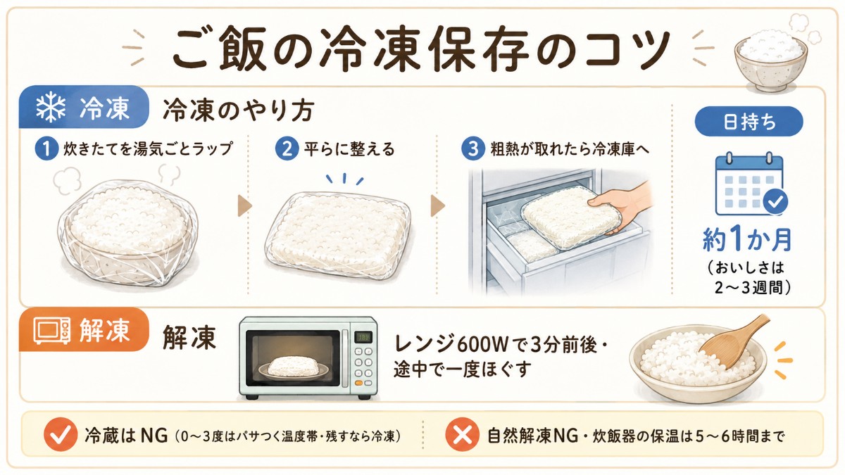 ご飯の冷凍保存レシピカード（炊きたてを湯気ごとラップ・平らに冷凍・レンジ解凍のまとめ）