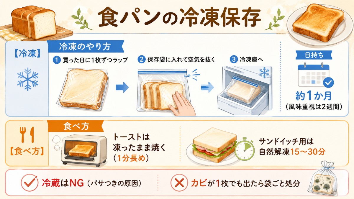 食パンの冷凍保存レシピカード（1枚ずつラップで約1か月・凍ったままトーストのまとめ）