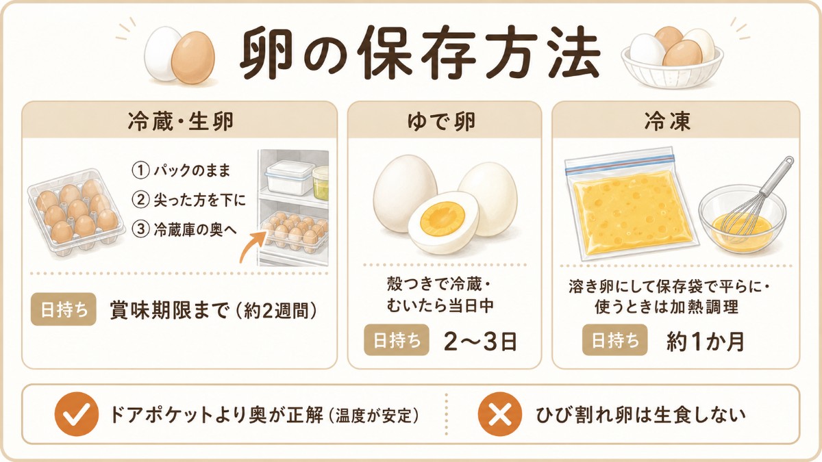 卵の保存方法レシピカード（尖った方を下に冷蔵庫の奥・ゆで卵2〜3日・溶き卵冷凍1か月のまとめ）