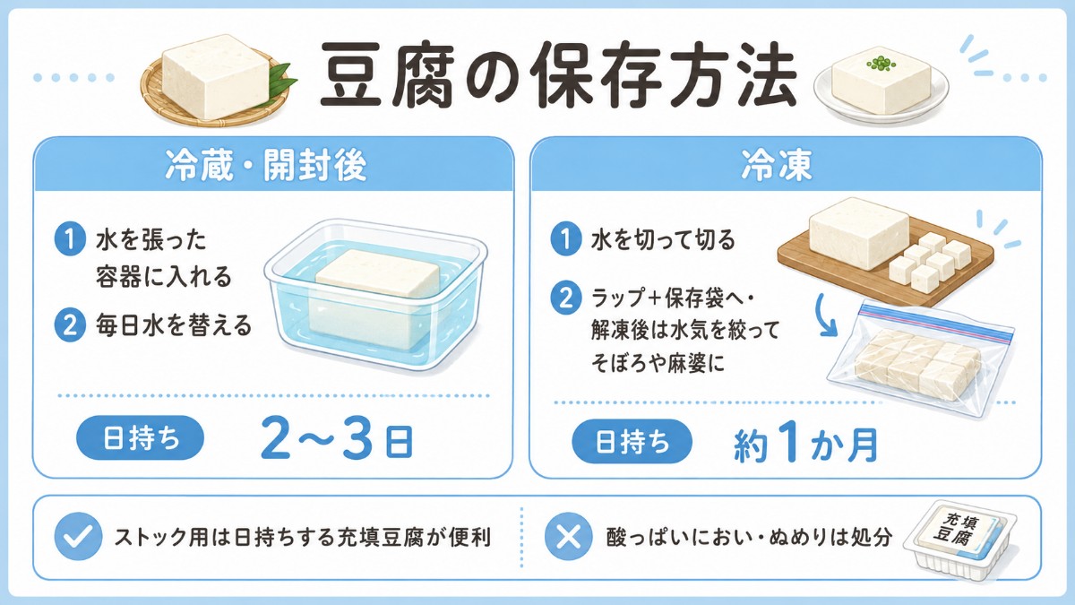 豆腐の保存方法レシピカード（開封後は水替えで2〜3日・冷凍で肉代わりのまとめ）