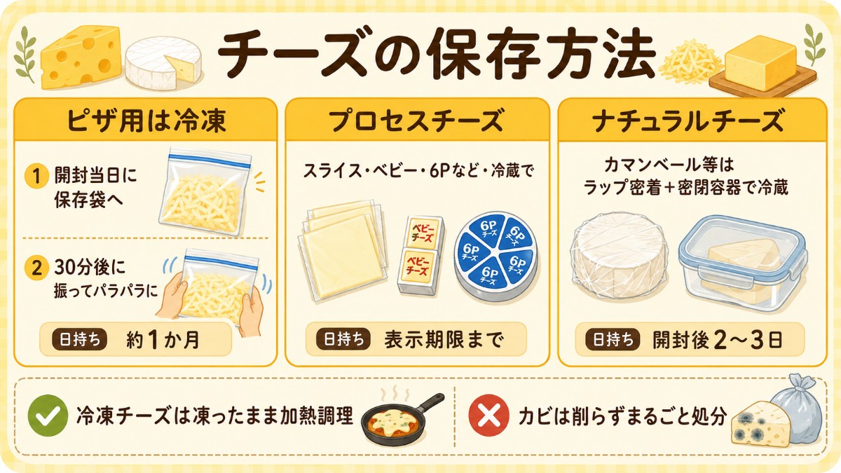 チーズの保存方法レシピカード（ピザ用は振ってパラパラ冷凍1か月・種類別日持ちのまとめ）