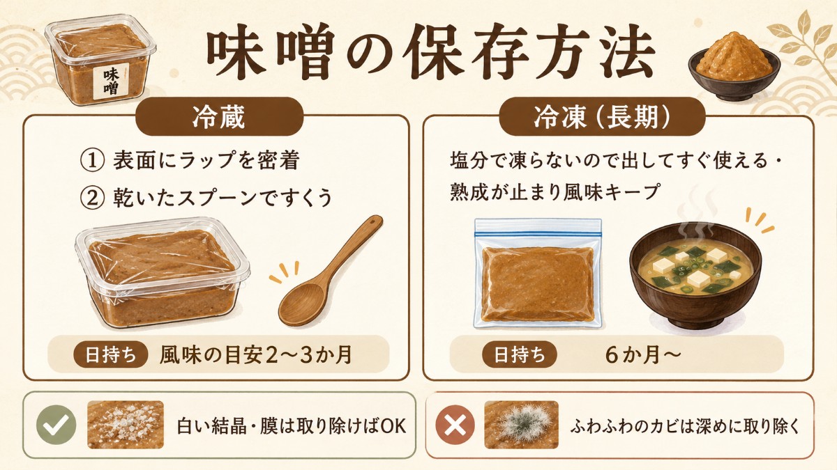 味噌の保存方法レシピカード（ラップ密着で冷蔵・凍らないから長期は冷凍のまとめ）