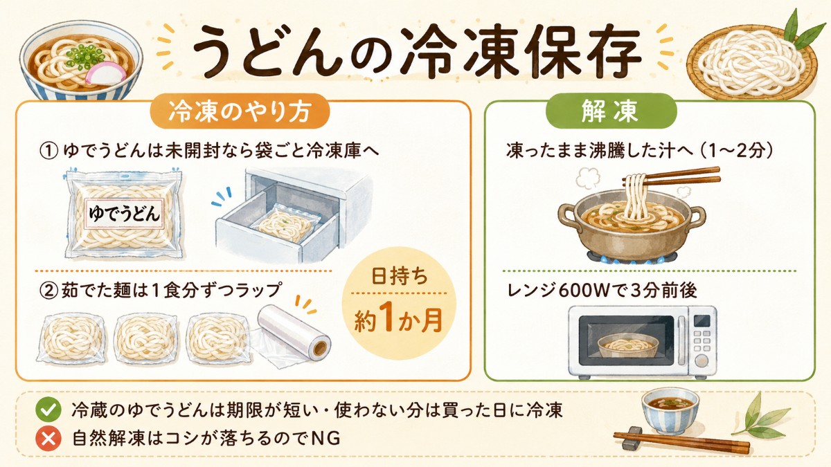 うどんの冷凍保存レシピカード（袋ごと冷凍1か月・凍ったまま加熱のまとめ）