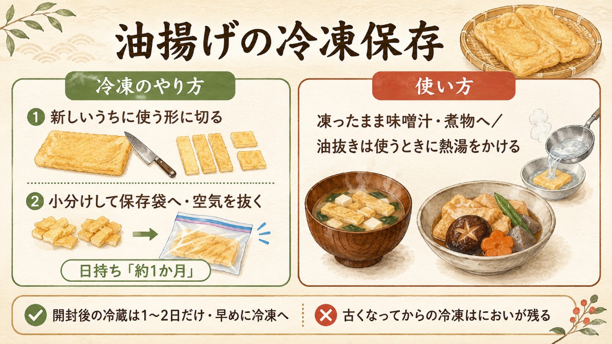 油揚げの冷凍保存レシピカード（新しいうちに切って冷凍1か月・凍ったまま味噌汁のまとめ）