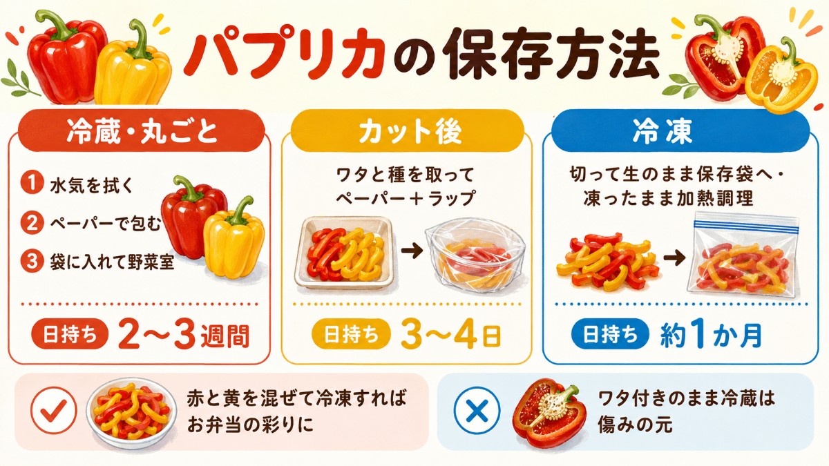 パプリカの保存方法レシピカード（水気を拭いて野菜室2〜3週間・切って冷凍1か月のまとめ）