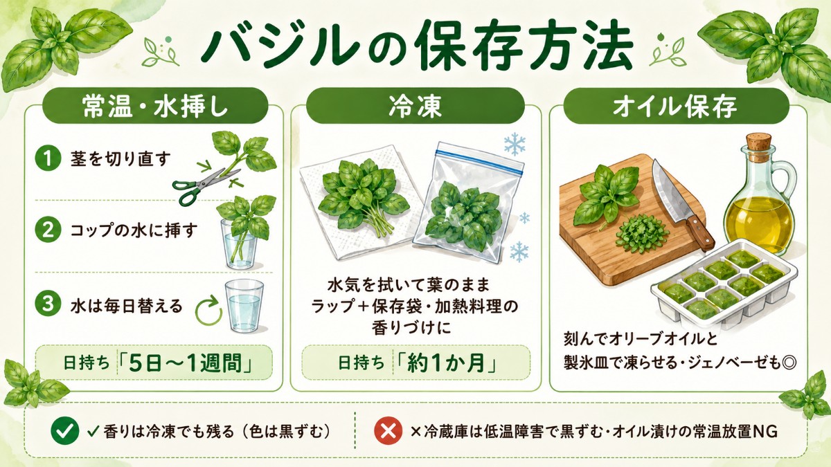 バジルの保存方法レシピカード（水に挿して常温1週間・冷凍やオイルで香り保存のまとめ）