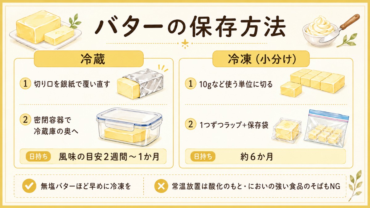 バターの保存方法レシピカード（密閉して冷蔵1か月・小分け冷凍6か月のまとめ）