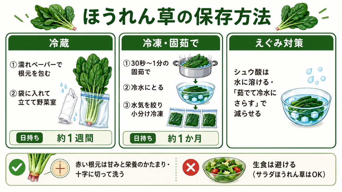 ほうれん草の保存方法レシピカード（立てて冷蔵1週間・固茹で冷凍1か月のまとめ）