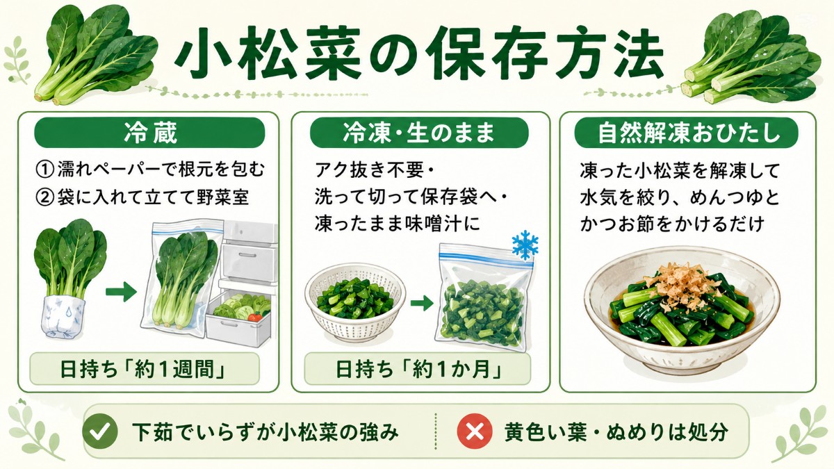 小松菜の保存方法レシピカード（生のまま冷凍1か月・自然解凍おひたしのまとめ）