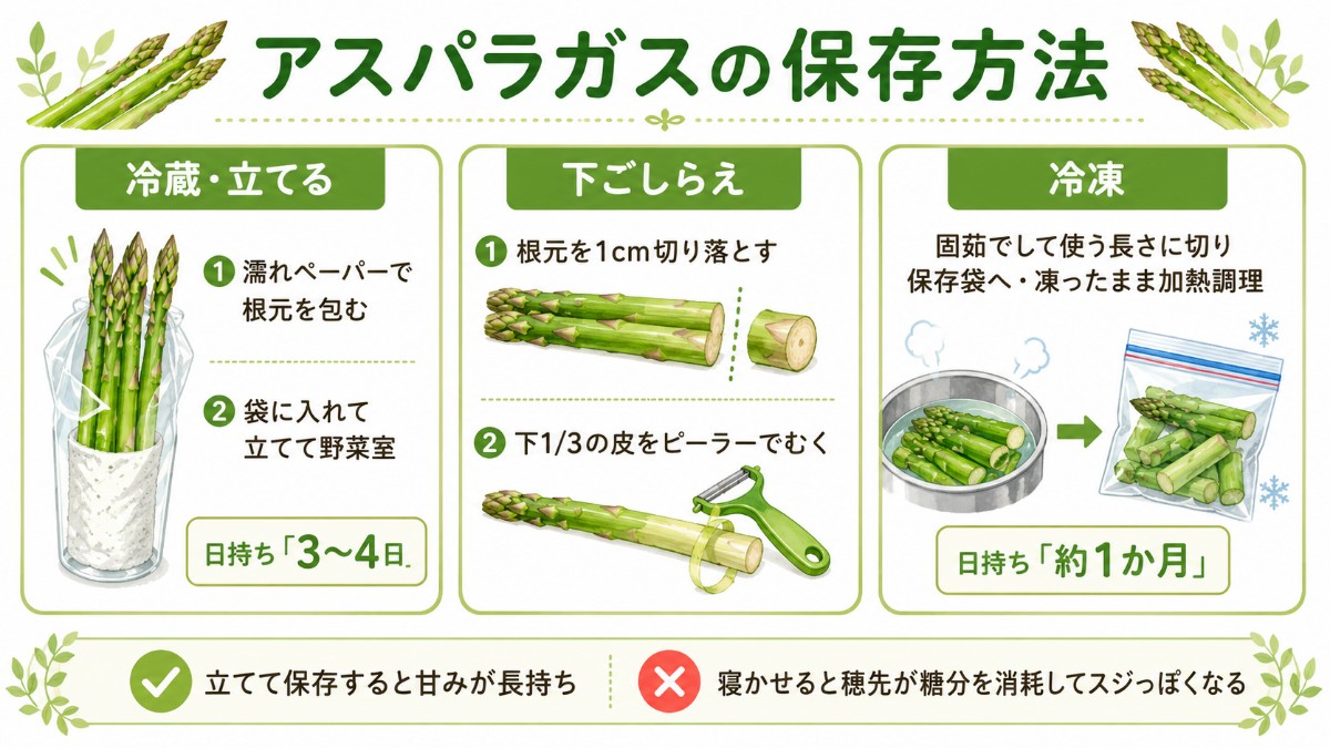 アスパラガスの保存方法レシピカード（立てて冷蔵3〜4日・固茹で冷凍1か月のまとめ）