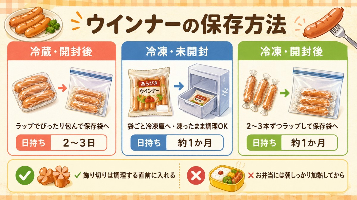 ウインナーの保存方法レシピカード（開封後2〜3日・袋ごと冷凍1か月のまとめ）