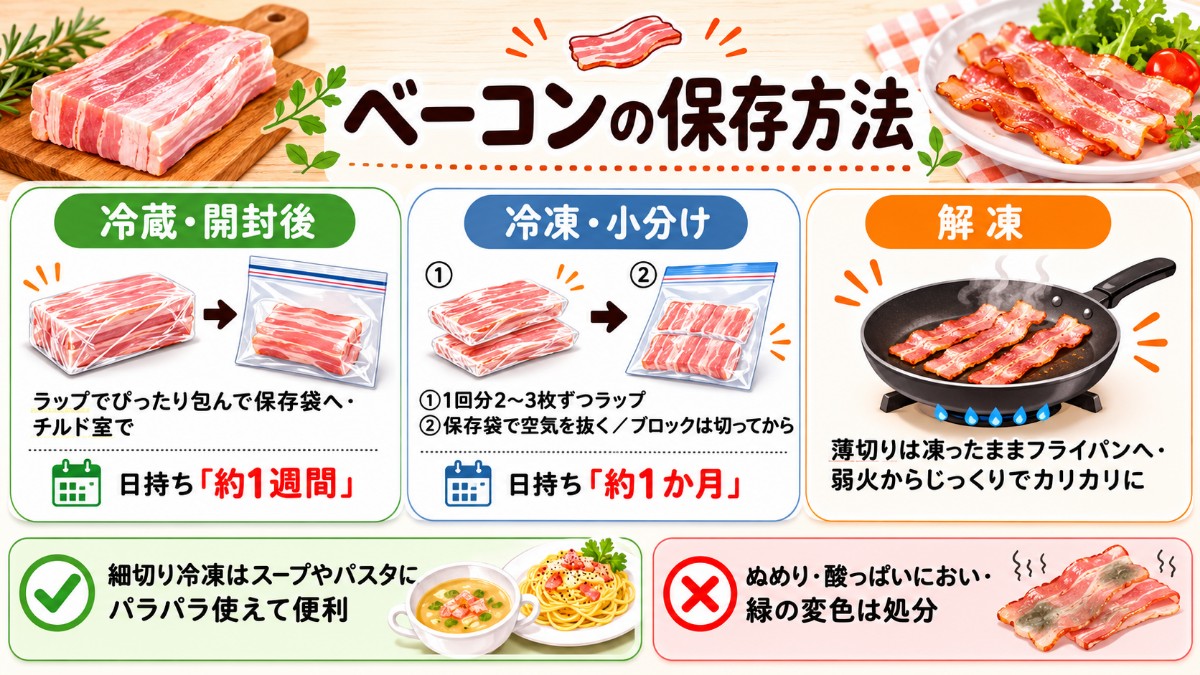 ベーコンの保存方法レシピカード（ラップ密着で1週間・小分け冷凍1か月のまとめ）