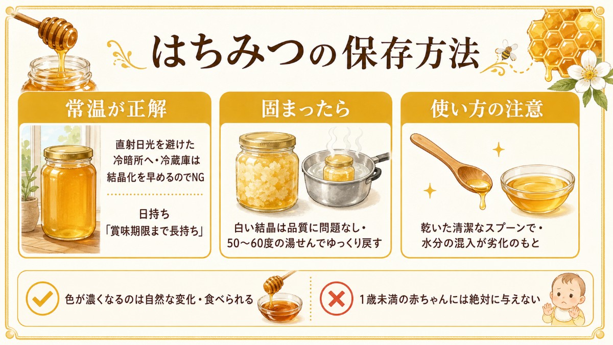 はちみつの保存方法レシピカード（常温が正解・結晶化は湯せんで復活のまとめ）