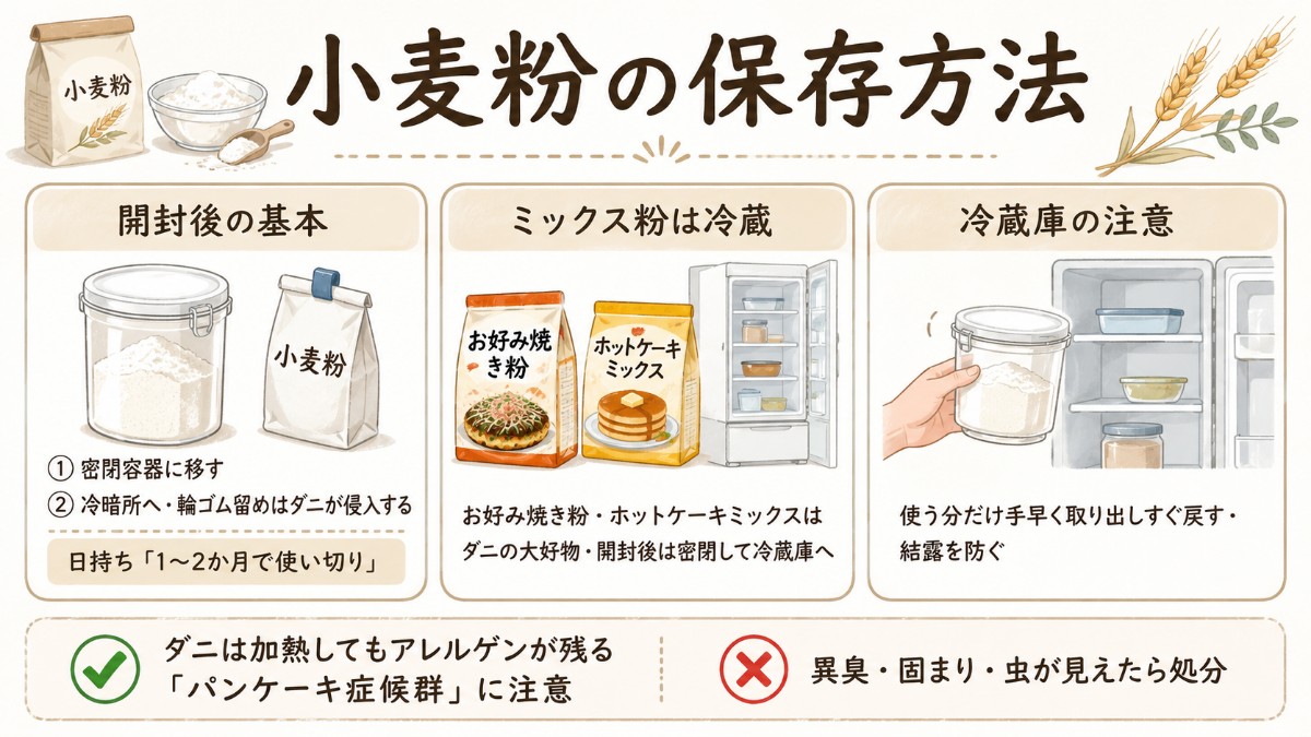 小麦粉の保存方法レシピカード（密閉容器＋ミックス粉は冷蔵でダニ対策のまとめ）