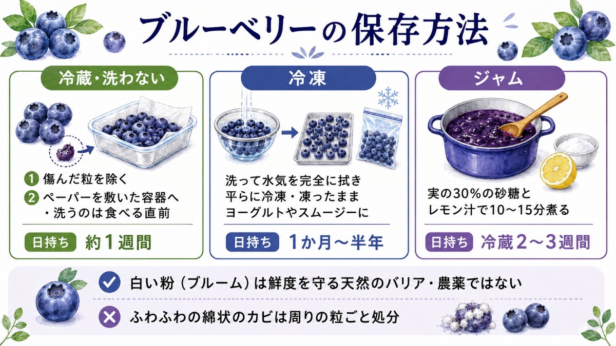 ブルーベリーの保存方法レシピカード（洗わず冷蔵1週間・パラパラ冷凍半年のまとめ）