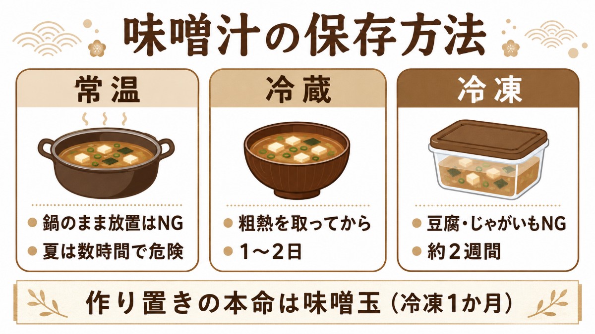 味噌汁の保存方法カード（常温放置NG・冷蔵1〜2日・冷凍2週間・味噌玉のまとめ）