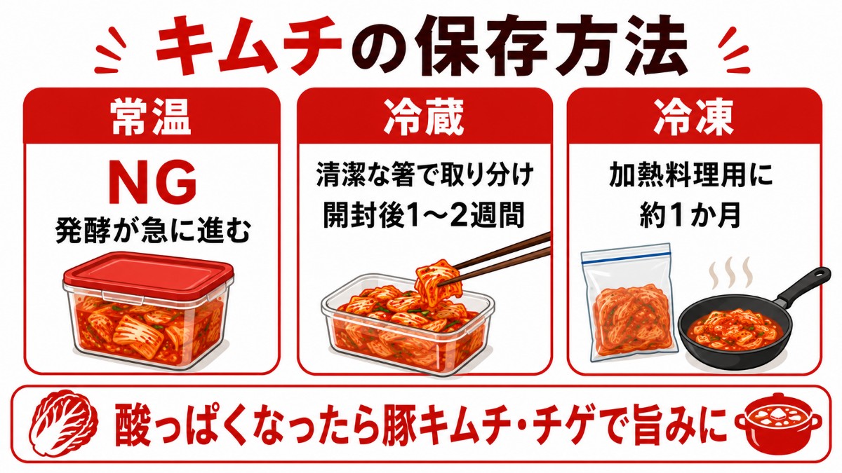 キムチの保存方法カード（常温NG・清潔な箸で冷蔵1〜2週間・加熱用に冷凍1か月のまとめ）
