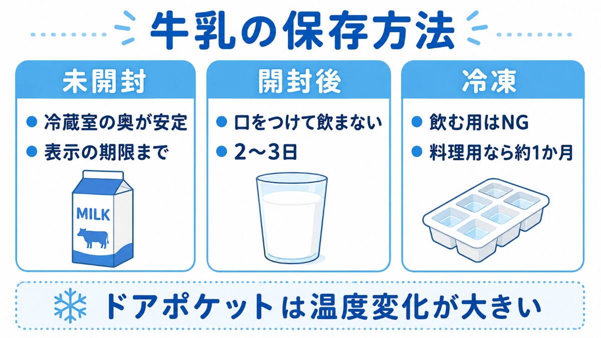 牛乳の保存方法カード（冷蔵室の奥・開封後2〜3日・冷凍は料理用のまとめ）