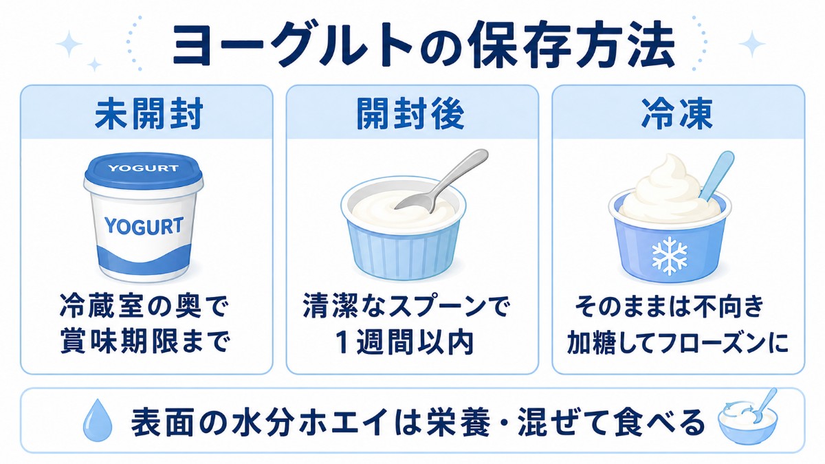 ヨーグルトの保存方法カード（冷蔵室の奥・開封後1週間・加糖してフローズンのまとめ）