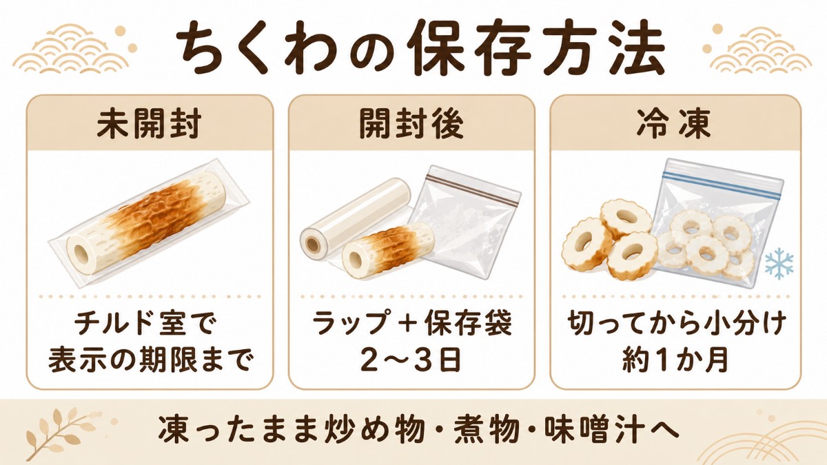 ちくわの保存方法カード（開封後2〜3日・切ってから冷凍1か月・凍ったまま調理のまとめ）