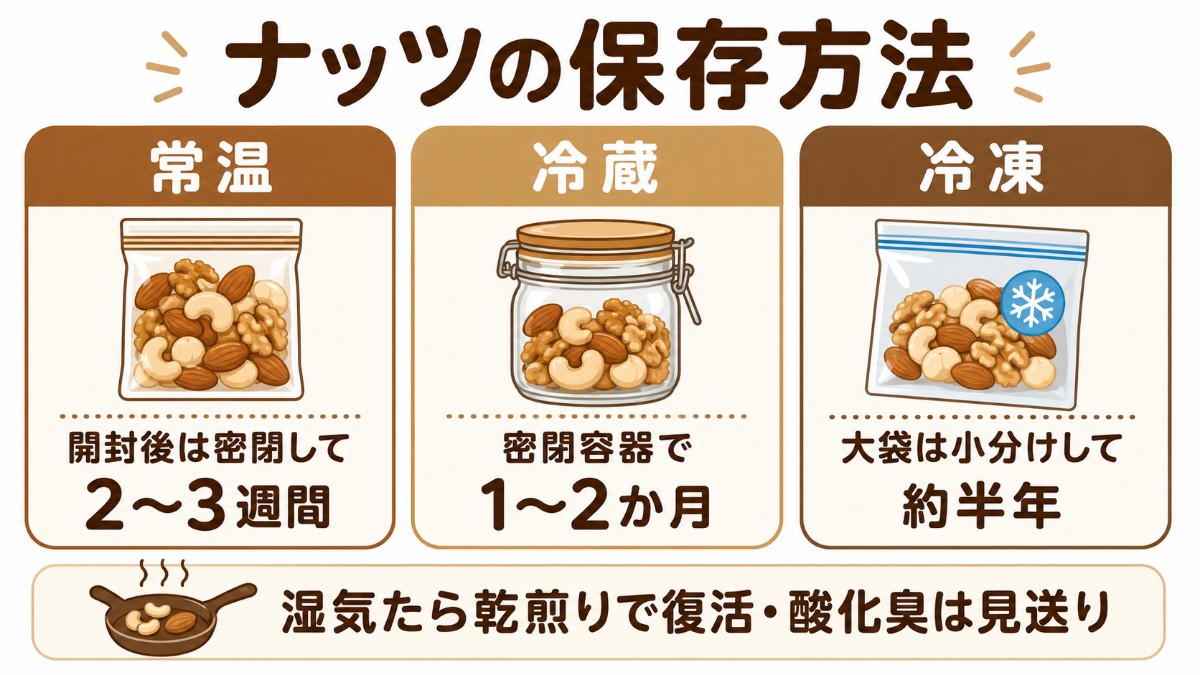ナッツの保存方法カード（密閉して常温2〜3週間・冷蔵1〜2か月・冷凍半年のまとめ）
