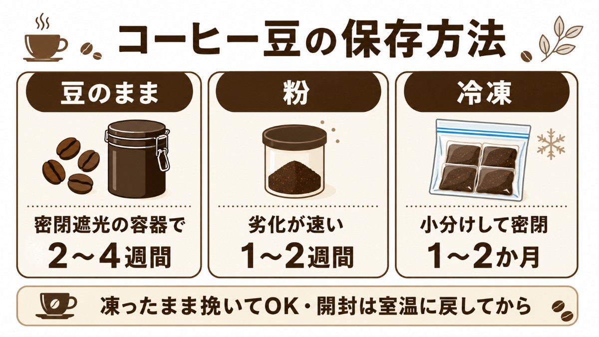 コーヒー豆の保存方法カード（密閉遮光で2〜4週間・粉は1〜2週間・小分け冷凍のまとめ）