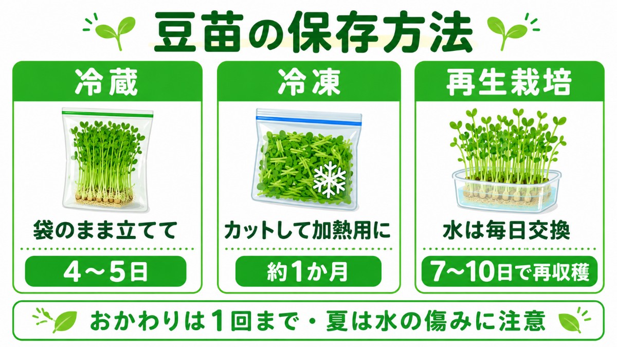 豆苗の保存方法カード（袋のまま立てて4〜5日・カット冷凍1か月・再生栽培7〜10日のまとめ）