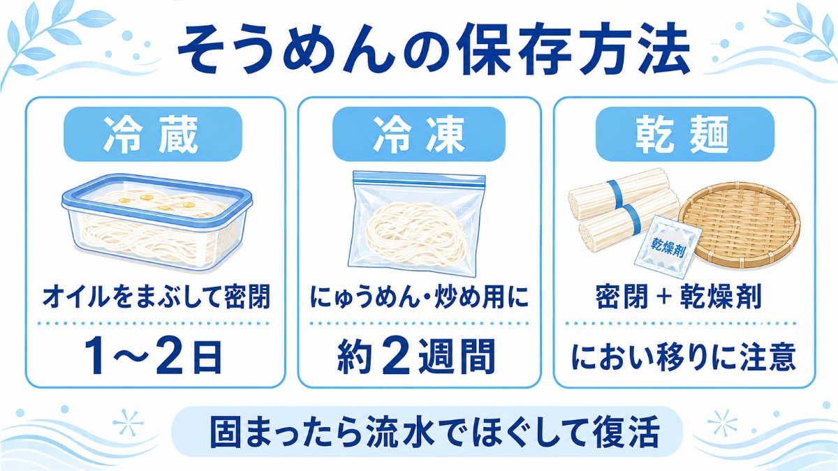 そうめんの保存方法カード（冷蔵はオイルをまぶして1〜2日・冷凍約2週間・乾麺は密閉＋乾燥剤のまとめ）
