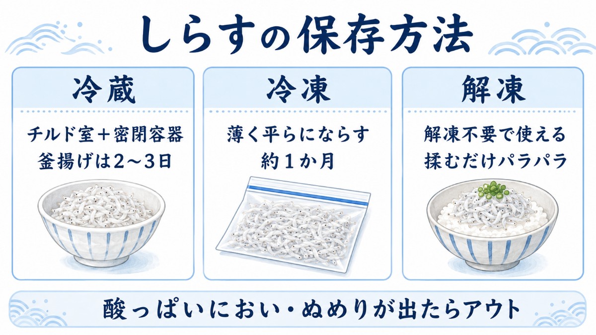 しらすの保存方法カード（チルド室で2〜3日・薄く平ら冷凍1か月・揉むだけパラパラのまとめ）