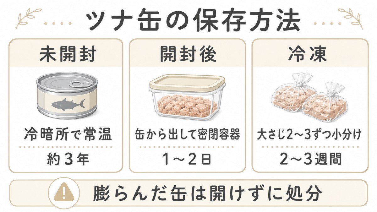 ツナ缶の保存方法カード（未開封3年・開封後は缶から出して1〜2日・小分け冷凍2〜3週間のまとめ）