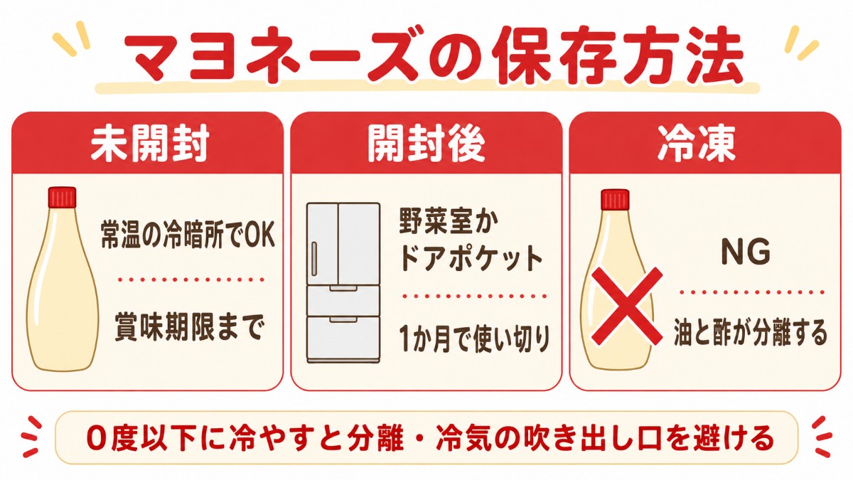 マヨネーズの保存方法カード（未開封は常温OK・開封後は野菜室で1か月・冷凍NGのまとめ）