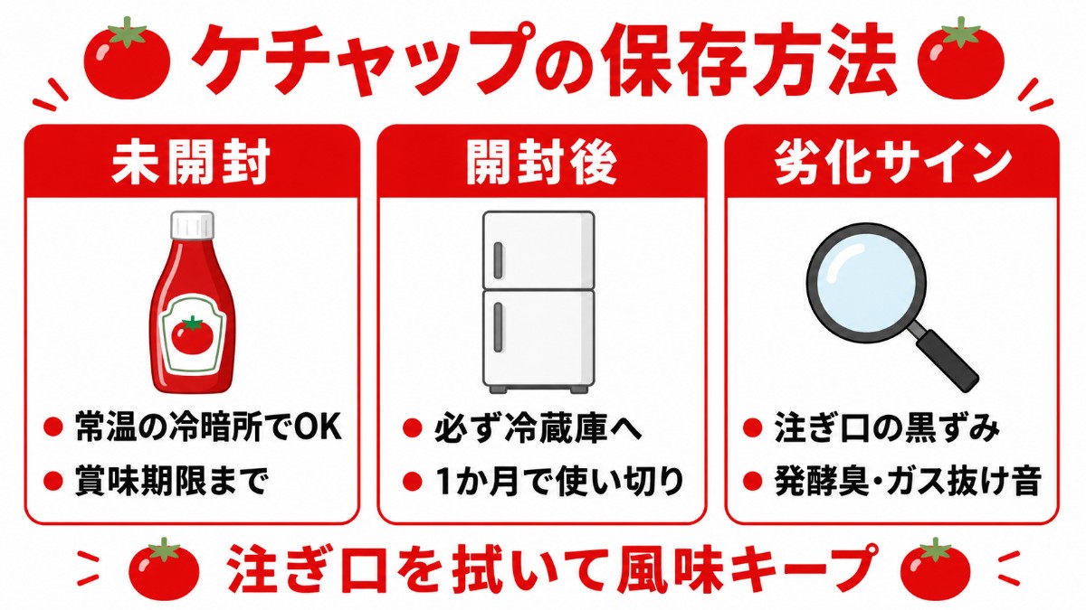 ケチャップの保存方法カード（未開封は常温・開封後は冷蔵1か月・劣化サインのまとめ）