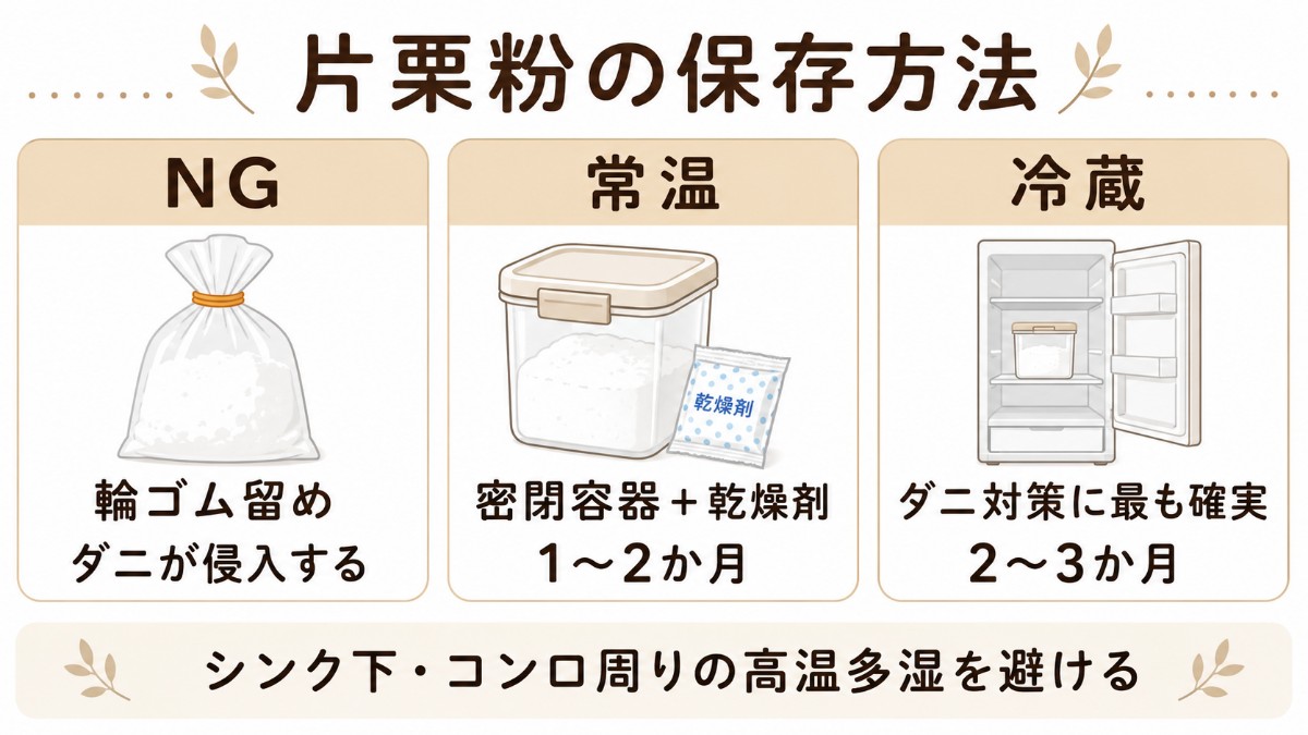 片栗粉の保存方法カード（輪ゴム留めNG・密閉容器＋乾燥剤・冷蔵が最も確実のまとめ）