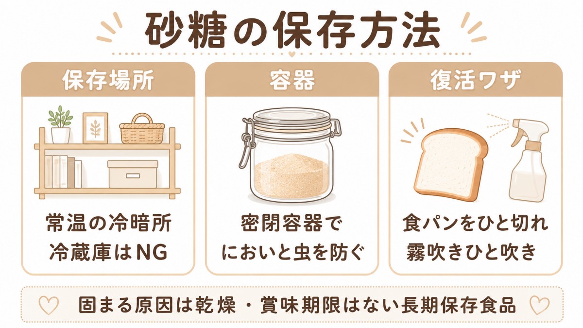砂糖の保存方法カード（常温の冷暗所・密閉容器・食パンや霧吹きで復活のまとめ）