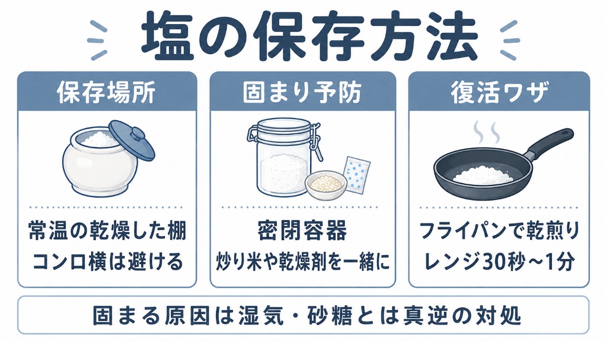 塩の保存方法カード（乾燥した棚・密閉容器＋炒り米・乾煎りで復活のまとめ）