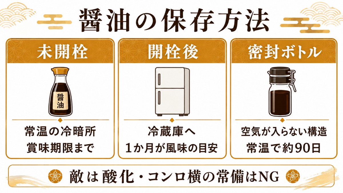 醤油の保存方法カード（未開栓は常温・開栓後は冷蔵1か月・密封ボトルは常温90日のまとめ）