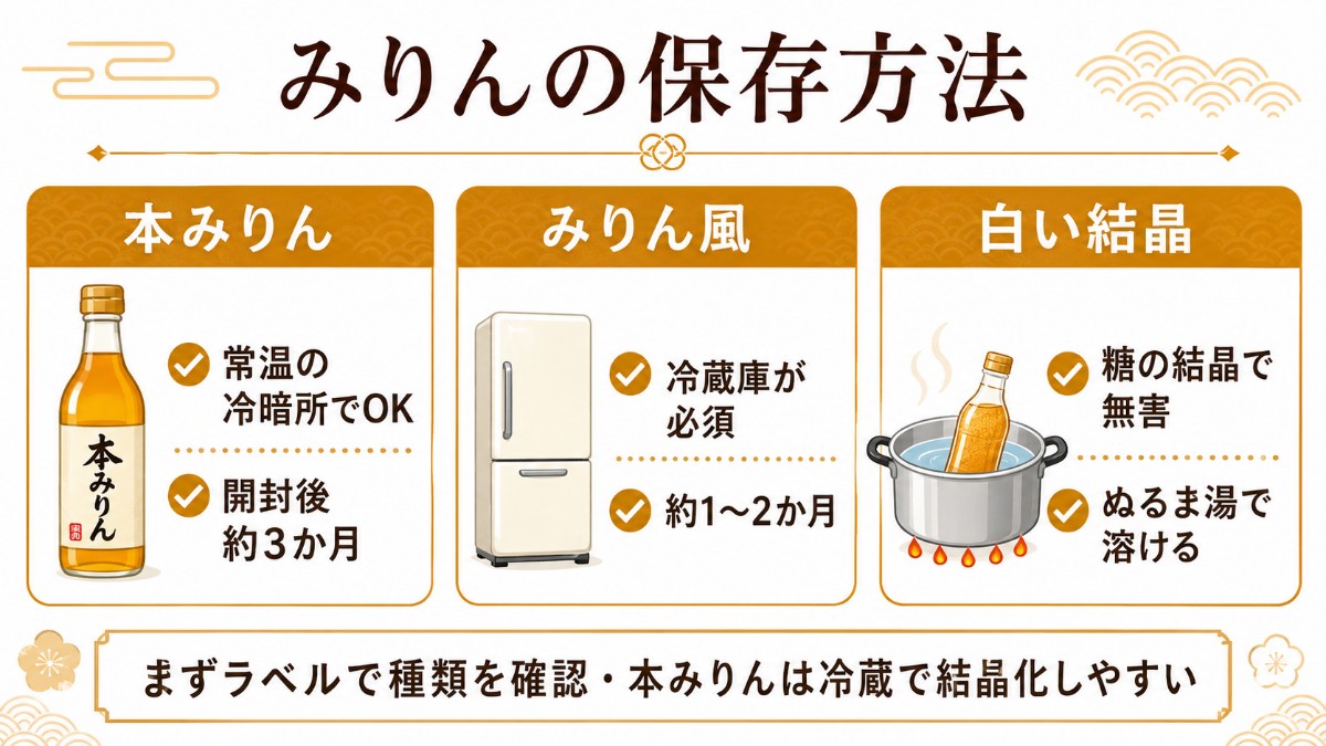 みりんの保存方法カード（本みりんは常温・みりん風は冷蔵・白い結晶は無害のまとめ）