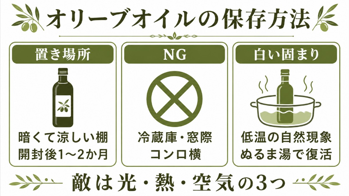 オリーブオイルの保存方法カード（暗く涼しい棚・冷蔵庫と窓際NG・白い固まりはぬるま湯で復活のまとめ）